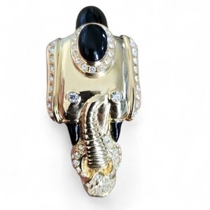 Vintage 1970s Jeweled Elephant Bracelet Gilt Metal Black Enamel Hinged Bangle